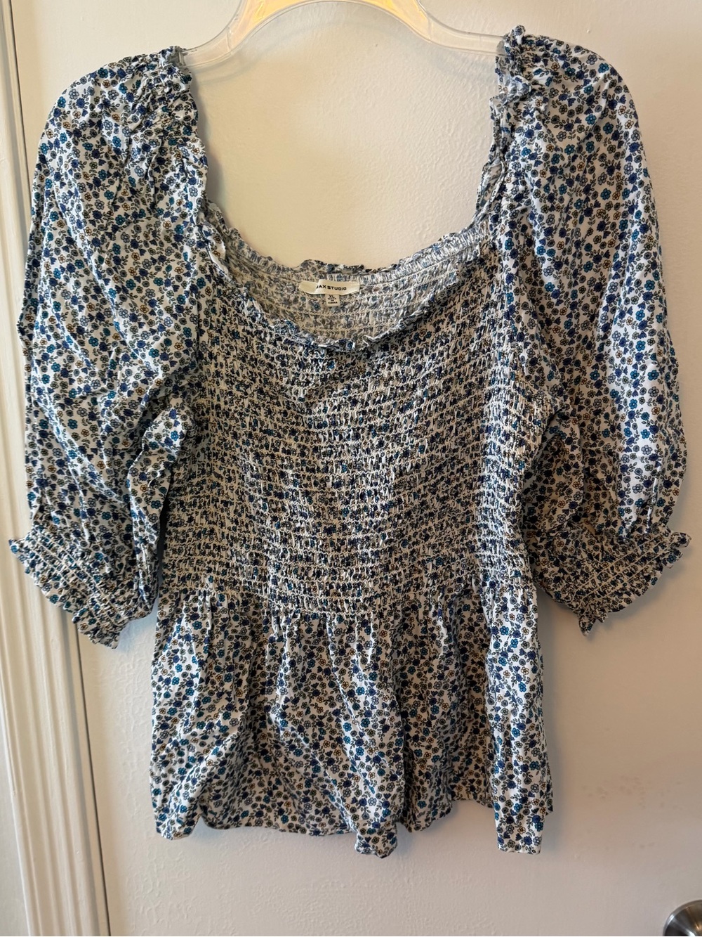 Max Studio Blue and White Smocked Floral Peasant Top